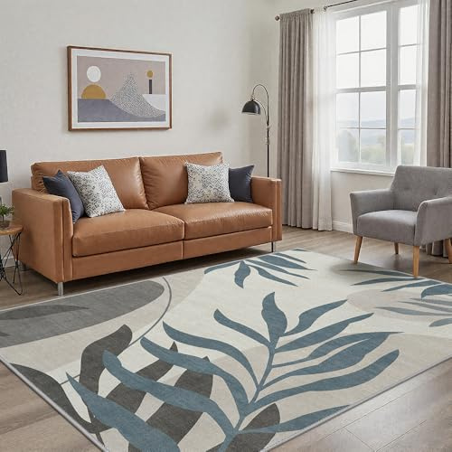 GENIMO Waschbarer Innen & Outdoor Teppich Blumenmuster, Wetterfest & Weich, Boho Stil Carpet, Für Terrasse, Balkon, Wohnzimmer & Schlafzimmer, Tropisches Blaugrau, 240x300CM