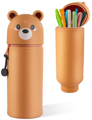 iulrtba Kawaii Federmäppchen, 2-in-1 Silikon Federmäppchen, Schulmäppchen aus weichem Silikon für Stifte, Schlampermäppchen für Schule Büro-Brown Bear