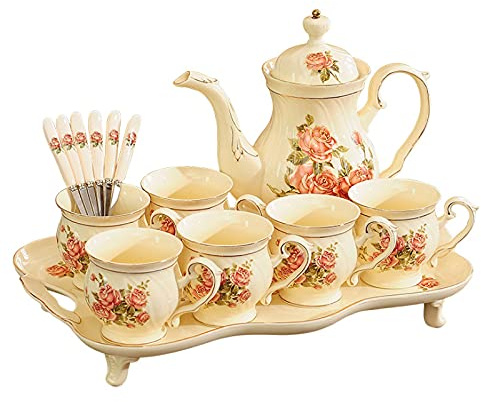 Set da tè in Porcellana, Servizio da tè in Ceramica Britannica Bianca per Adulti, Una teiera, Set di 6 Tazze da caffè e cucchiaini con Vassoio