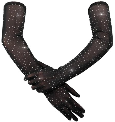 Yolev Rhinestone Gloves Glitter Fishnet Gloves Sparkle Black Sheer Glove Elbow Long Mesh Arm Sleeve for Women Men Wedding Prom Costume Halloween Evening Party Favors 20s Opera Accessories