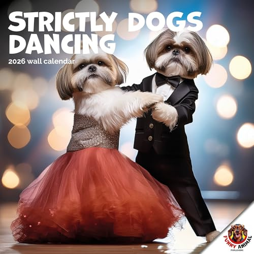 Strictly Dogs Dancing Kalender 2026 Från Kollektionen med roliga djurkalender. Stor fyrkantig vägg, 16 månader, Strictly Come Dancing Meets Rolig hund