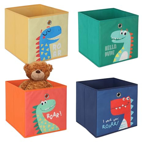 Relaxdays Set da 4 Contenitori per Giochi dei Bambini, Scatole Portagiochi con Disegni, Cubi 30x30x30 cm, Colorato
