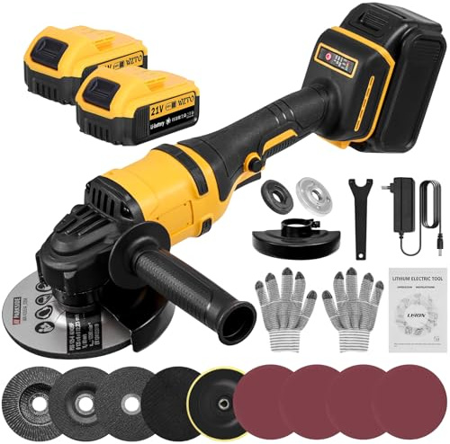 Bellanny Akku Winkelschleifer - 21V Professional Winkelschleifer Set 16Pcs (Scheiben-Ø 125mm,Leistung 1500W, 0-30000 RPM,1 Schleifplatte, Zusatzhandgriff,Schraubenschlüssel,Ladegerät, 2×5000mah Akkus)