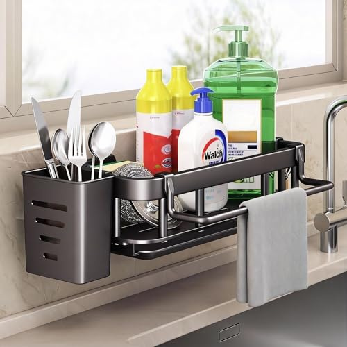 MxSplorion Spülbecken Organizer Küchen Schwammhalter, Küchen Spüle Organizer mit Abnehmbarem Spültuchhalter, mit Essstäbchenablage und Zwei Haken für die Kitchen Badezimmer aufbewahrung, Schwarz