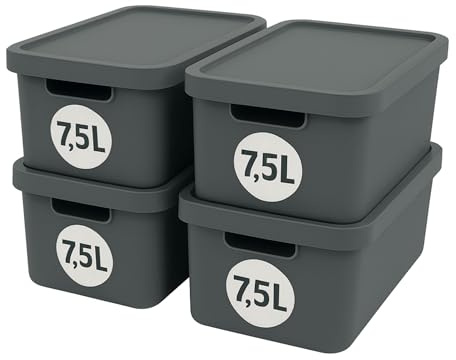Plastard Aufbewahrungsbox mit Deckel 4er-Set 7,5 Liter in Anthrazit | BPA-Freie Ordnungsbox für Küche, Bad, Büro, Kinderzimmer, Robuste Stapelbare Kunststoffbox, 32 x 22 x 15 cm, Ordnungskiste