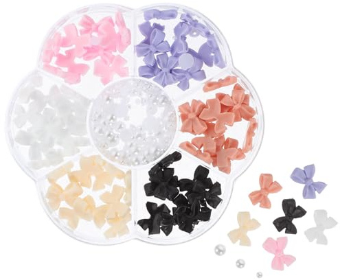 ROMISBABA Adornos para Uñas Fáciles de Usar en Resina Forma de Lazo y Perlas Caja de 7 Compartimentos Decoraciones Delicadas para Manicura Femenina