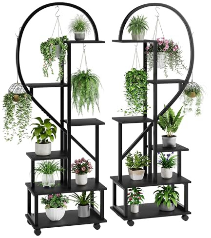 OPULENTHOME Pflanzenständer, Pflanzenregal Indoor mit Rädern, 6 Ebenen 172cm , 2 Pack Halbe Herzform Metall Holz Blumenständer mit 6 Haken für Wohnzimmer und Balkon