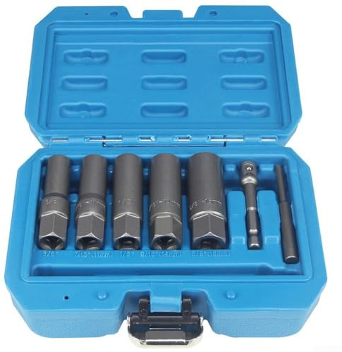 Eawfgtuw Steckschlüsselsatz 3/8-Zoll-Antrieb, 5-teiliges Tiefenausdreher-Set für abgerundete, gebrochene beschädigte Mutterschraubenentferner mit Spiralschnittzähnen, für Cr-Mo Stahl
