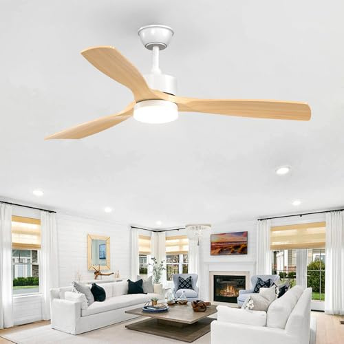 Passky Ventilatore da soffitto con illuminazione e telecomando, ventilatore da soffitto con luce, 3 pale, motore DC, 132 cm, bianco