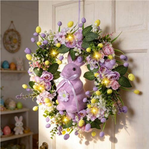 40CM Türkranz Frühling mit LED Licht, Frühlingskranz Haustür mit Lichterkette Künstliche Blumen Kranz Beleuchtet Frühlingsdeko Kranz mit Beleuchtung Türkranz Ostern Blumenkranz Wandkranz für Deko (D)