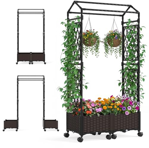 HOMASIS Arco de rosas 2 en 1 con 2 jardineras con ruedas, arco de jardín de metal y ratán PP, arco para jardín o boda, enrejado para plantas trepadoras (marrón, 80 x 40 x 162 cm)