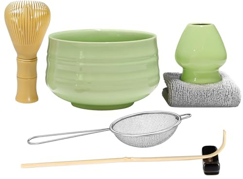 7pcs Matcha Set, Matcha Whisk Set - Matcha Whisk Plastic Yellow, Whisk Holder, Matcha Bowl, Scoop, Sifter, Absorbent Cloth - Japanese Tea Ceremony Set for Home Use or as a Gift, Pale Green