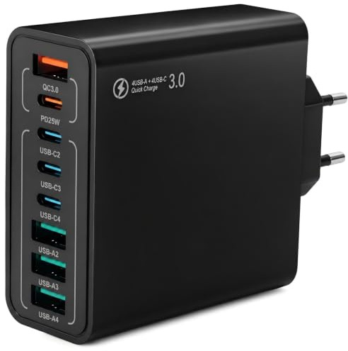 Cargador USB C Multiple 120W 8 Puertos 3 USB-C 3 USB-A PD 25W QC 3.0 | Multicargador USB de 8 puertos, carga simultánea rápida, compatible con iPhone Samsung Huawei tablet, ideal para casa oficina