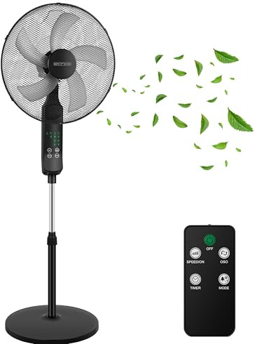 Echos® Ventilatore a piantana da 46 cm, silenzioso, con telecomando da 46 cm, 50 W, potente ventilatore a piantana con 3 velocità, flusso d'aria elevato, timer e oscillazione, regolabile in altezza