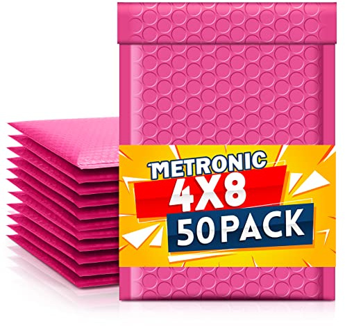 Metronic Hot Pink Bubble Mailers 4x8 Inch 50 Pack Waterproof Padded Envelopes Usable Size 4x7 Self Seal Adhesive Bubble Envelopes Padded Mailers for Small Business Mailing Envelopes for Jewelry, Card