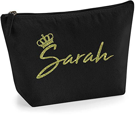 Personalisiert Name Initialen & Königin Krone Kosmetiktasche Damen Schminktasche für Handtasche Makeup Tasche mit Texturdruck - Gold Glitter - L - Schwarz
