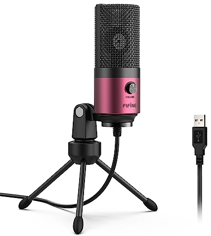 FIFINE Estudio Micrófono de Condensador de USB, Microfono Plug & Play para Ordenador de Escritorio - Rojo