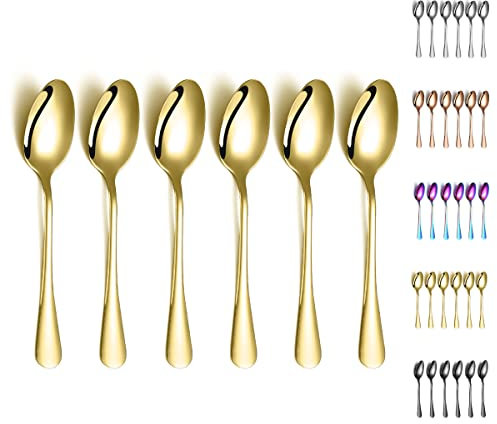 Goldene Esslöffel, Kyraton 6 Stück 20,3 cm Edelstahl-Esslöffel mit Titan-Vergoldung, goldene Suppenlöffel, Dessertlöffel Splittergeschirr, spülmaschinenfest, 6er-Set