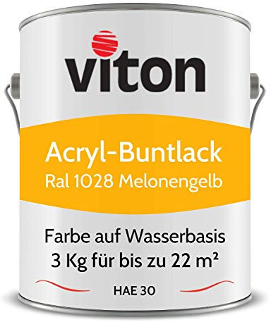 Viton Buntlack 3 Kg Gelb - Seidenmatt - Wetterfest für Außen und Innen - 3in1 Grundierung & Lack - HAE 30 - Nachhaltige Farbe auf Wasserbasis für Holz, Metall & Fliesen - RAL 1028 Melonengelb
