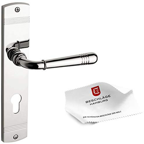 Beschläge Hamburg Türgriffe Türbeschlag EMILY ART 70-09 MPN PVD PZ — Türklinken mit Profilzylinder Langschild für Büro/Kellertüren — Tür-Drücker für Innentüren, Nickel poliert PVD beschichtet