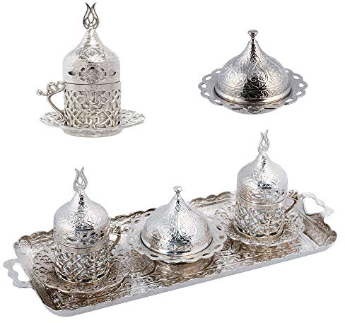 Alisveristime Ottomane Türkisch Griechisch Arabisch Espresso Kaffeetassen mit Untertasse und Deckel (2er Set) (Silber, Keramik, Tasse, coffee_cup, Kaffeetasse, 3098736031, 100 ml)
