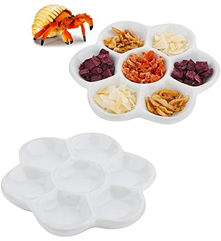 DQITJ 2 Pcs Hermit Crab Ceramic Food Dish, 7 Compartments Anti-turning Food & Water Bowl (White)