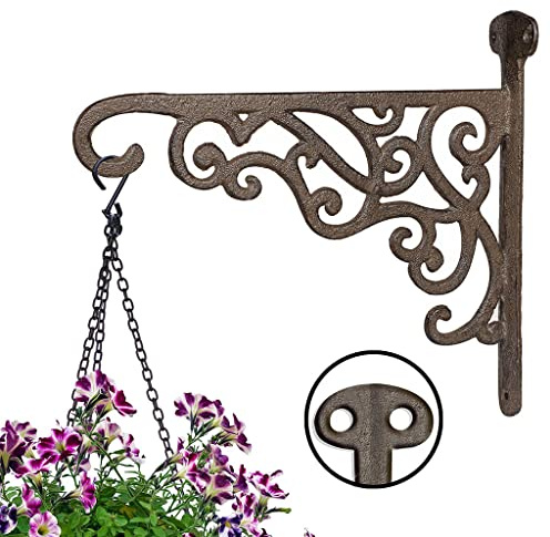 Hanging Basket Bracket Heavy Duty Outdoor Cast Iron Plant Hanger Hooks Brown Scrolled Wall Mounted Vintage Style Garden Décor
