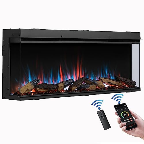 FLAMME Knighton 130cm/51 3-Sided Electric Media Wall Fire, Recessed TV Media Wall, Multiple Flame Colours, Sound Effects and APP Control