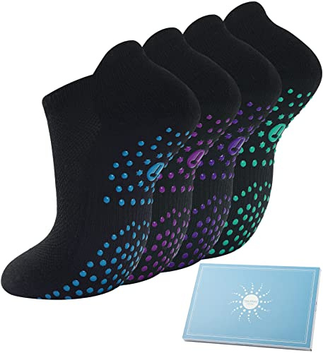 Toes Home Chaussettes de Yoga Antidérapantes Femme 4 Paires, Chaussettes Sports Soquette pour Yoga, Pilates, Hôpital, Barre et Sports Noir 35-38