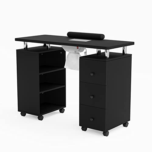 OmySalon Manicure Table Nail Desk for Nail Tech, Nail Table Beauty Salon Tech Station w/Electric Downdraft Vent, Lockable Wheels,Wrist Cushion,Storage Shelves & Drawers