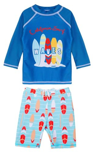 Runhomal Baddräkt för barn, pojke, anti-UV, långärmad, t-shirt med rashguard, badshorts för surfing, simning, strand, 1–17 år, A Blue, 9-10 år