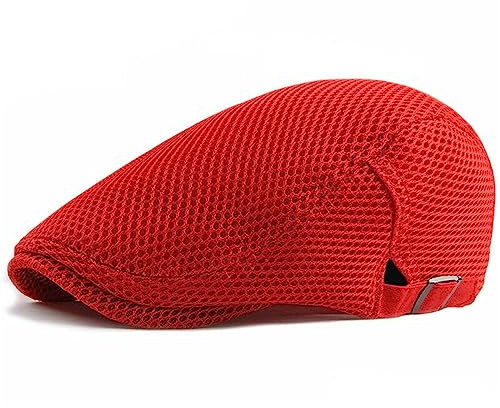 HIQIU Unisex Schirmmütze Baskenmütze Herren Atmungsaktiv Mesh, Flatcap Damen Sommer Gatsby Newsboy Barett Kappe, Schiebermütze Herren Sommer Hut Sportmütze Einstellbar 55 cm-60 cm (Rot)