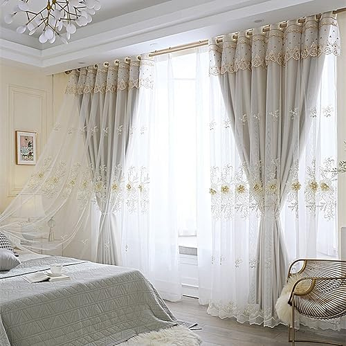 Amidoudou 1 Paar luxuriöse europäische Vorhänge mit Volant für Wohnzimmer Schlafzimmer, doppellagig, Bestickt, Raumverdunkelungsvorhänge (Beige, 130 x 244 cm)