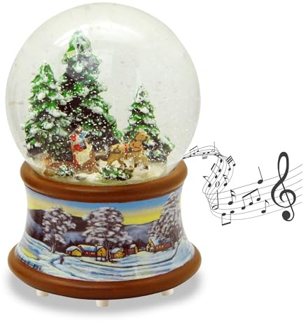 Schneekugel Familie Kutschfahrt Weihnachtsbaum Holen auf nostalgische Winterlandschaft Braunton Weihnachten Winter mit Spieluhr - 100mm breit * 20192