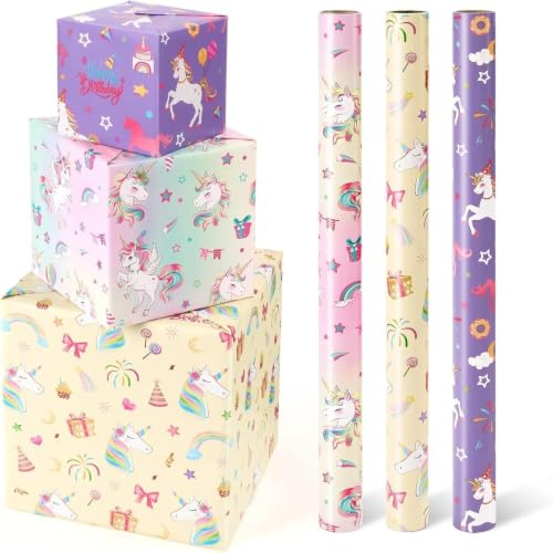 Rollos de papel de regalo de unicornio - 3 Rollos 43 cm x 3 m Rollos de Papel de Regalo de Cumpleaños de Unicornio Papel de Regalo de Arcoíris Rosa Rollos de Papel de Regalo Morado