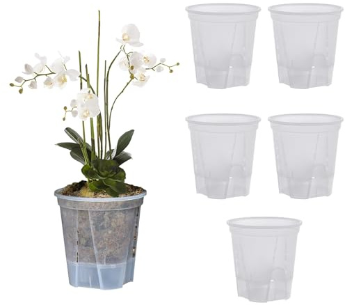 Vaso per Orchidee da 5 Pezzi Vaso per Orchidee in Plastica a Doppio Strato Vasi per Orchidee Trasparenti con Fori Forniscono Una Buona Circolazione Dell'aria Vaso per Fiori(Grigio-15x10,5x15,3 cm)