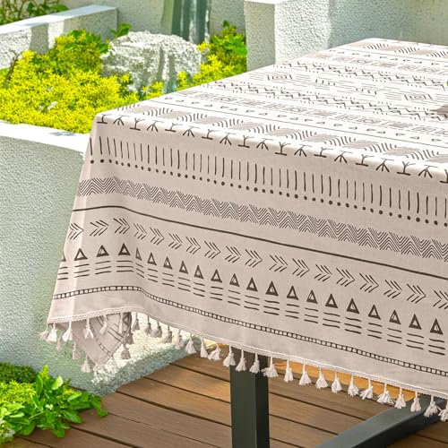 Qelus Outdoor Tischdecke Abwischbar, 140 * 200cm Rechteck Gartentischdecke, wasserdichte Tischtücher Boho mit Quasten, Garten Tischtuch Table Cloth für Außen und Innen Balkon Küche, Grau, 1 Stück