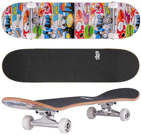 Arrow Board - 31 Zoll Profi Skateboard für Kinder, Anfänger, Jungen, Erwachsene, Junge, Mädchen. Kanadisches Ahornholz, Double Kick Concave-Deck | Profi Achsen | Cruising und Tricks(Comic-Stil)