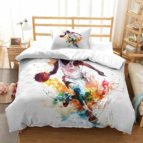 ENYISIYULO Parure De Lit Basketball 2Pcs Joueur de Basket - Ball Douce Respirante Ensemble De Literie 3D Imprimée Microfibre avec 1 Taies d'oreiller pour Adultes Enfants Single（135x200cm）