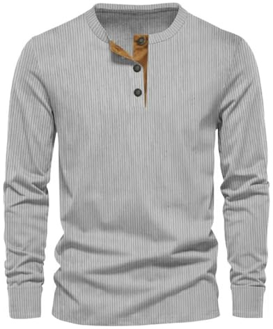 MakingDa Corduroy Camiseta Henley Hombres Manga Larga Botón Slim Fit Pullover Sweatshirt Vintage Suave Ligero Casual Clásico Trabajo Camisa Gris XXL