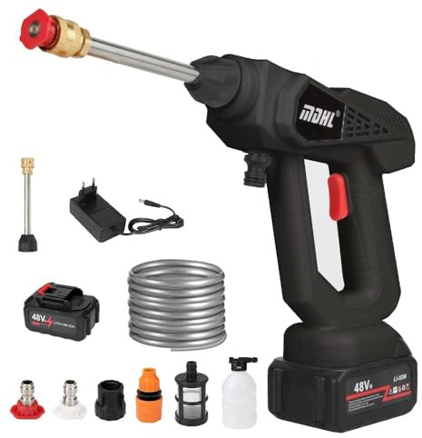 Rondella ad alta pressione, 48 V, max 35 bar, idropulitrice portatile con 1 batteria, tubo da 5 m e caricabatterie, per auto, terrazza, finestra, prato (con 1 batteria da 5600 mAh, nero)
