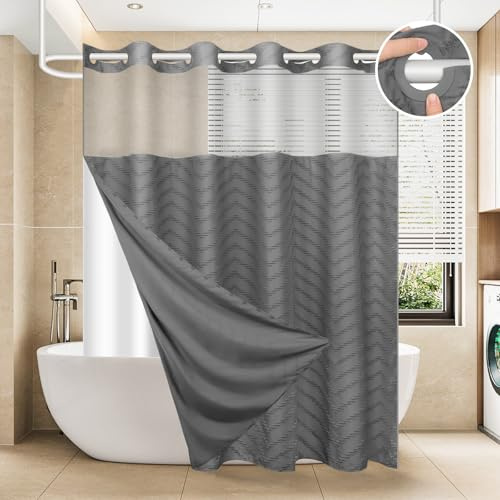 FADOTY No Hook Shower Curtain and Snap in Liner Set Grey Tufted Chevron Striped Cloth Waterproof Washable Fabric Boho Gray Bath Curtain with See Through Mesh Top Window for Bathroom Hotel 71 x 74