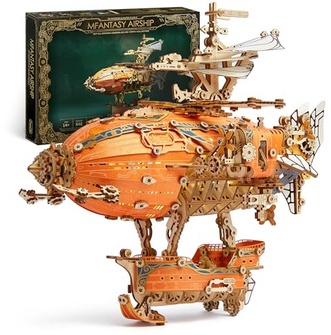 FUNPOLA LED 3D Holzpuzzle fur Erwachsene Luftschiffmodell - Steampunk DIY Bastelset mit LED-Leuchten - Holz Luftschiffmodell-Bausatz für und Erwachsene (Orange)