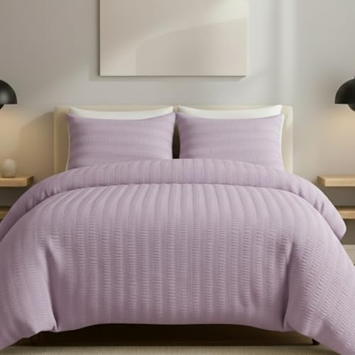 AHS - Single Lilac Seersucker Duvet Set Cover With Pillow Case - Multiple Sizes - Complete Bedding Set - Ultra Soft Brushed Microfiber - EasyCare & Machine Washable