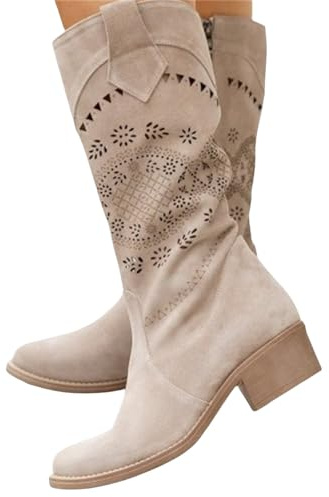 LDXEQIZ Botas Camperas De Mujer Boots Vintage De Media Caña De Ante Botines con Abertura Floral Y Tacón Cuadrado Boots De Caballero con Cremallera Lateral