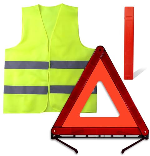 Henjunu 2in1 Warndreieck kfz Warnwesten Set,Reflektierend Notfalldreieck,Klappbares Warndreieck Auto Warnwesten, mit Aufbewahrungskoffer, Schneller Aufbau, Leicht und Effektiv für Auto Motorrad