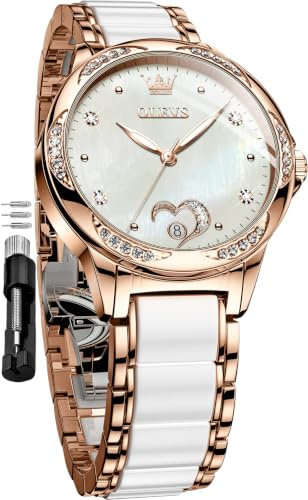 OLEVS Montre automatique pour femme à remontage automatique avec diamant - Montre de luxe en céramique or rose pour femme - Amour, cœur, date, 6631 : blanc