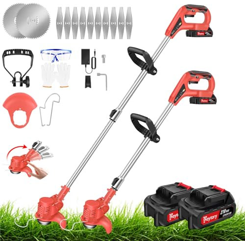 21V Cordless Strimmer, Telescopic Lightweight Grass Trimmer with 12x Metal Blades, 2 x 1500mAh Battery, 10,000 RPM, Electric Garden Strimmer Grass Cutter for Lawn Edger Pruning Weed, Red