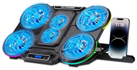 NK Base di raffreddamento portatile da 17 - 10 modalità luci LED RGB, 6 ventole silenziose con velocità regolabili, 4 altezze regolabili, porta USB, telefono holder, raffreddamento rapido