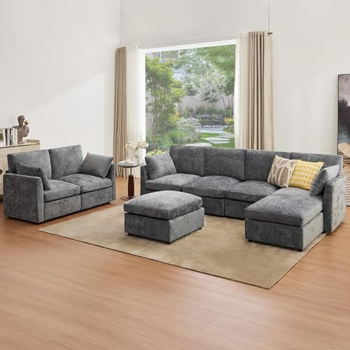 Tbfit Modular Sectional Couch 8 Seat, Cloud Sofa for Living Room,Chenille Sofa Set with Ottoman, Grey